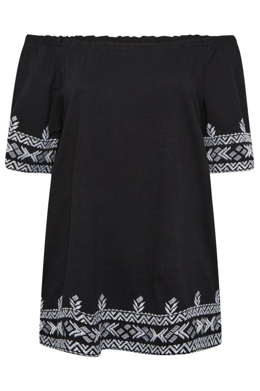YOURS Plus Size Black Embroidered Hem Bardot Top | Yours Clothing 6
