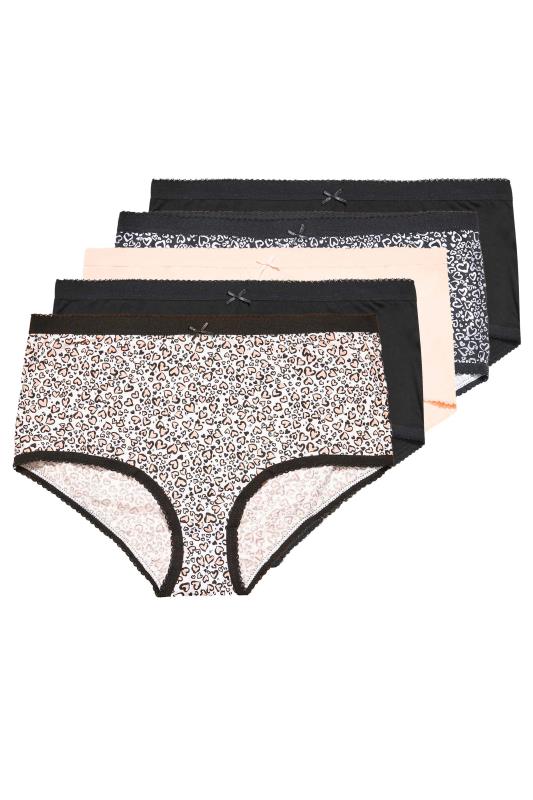 Plus Size 5 PACK Black & Pink Animal Mini Heart Print High Waisted Full Briefs | Yours Clothing  3