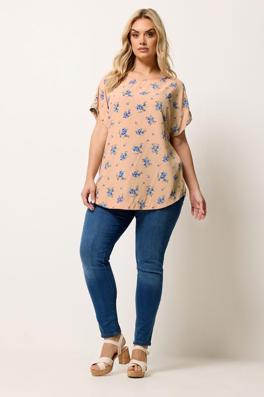 YOURS Plus Size Pink Floral Tab Sleeve Top | Yours Clothing 1