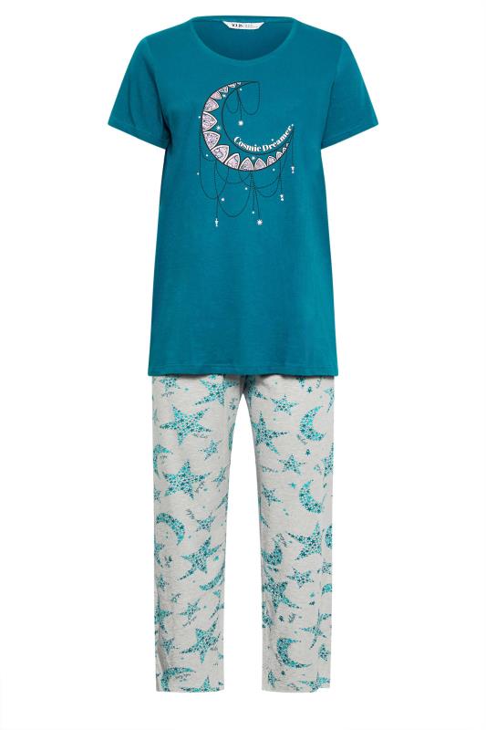 YOURS Plus Size Turquoise Blue 'Cosmic Dreamer' Star & Moon Print Pyjama Set | Yours Clothing 5