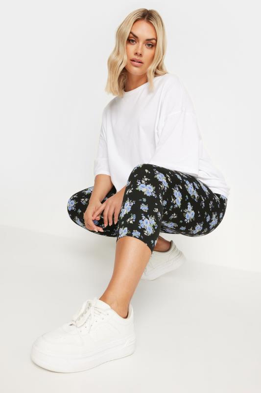 YOURS Plus Size 2 PACK Black & Blue Floral Print Cropped Leggings | Yours Clothing 2