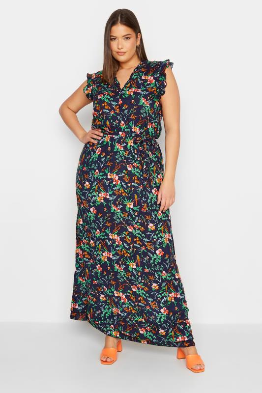 LTS Tall Women's Navy Blue Floral Print Frill Sleeve Maxi Dress | Long Tall Sally 2