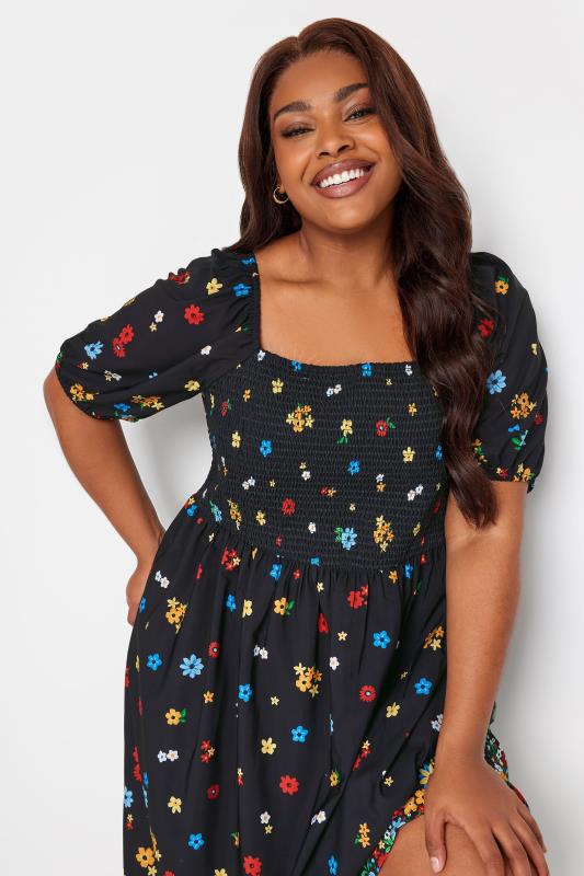 LIMITED COLLECTION Plus Size Black Floral Border Print Shirred Midi Dress | Yours Clothing 4