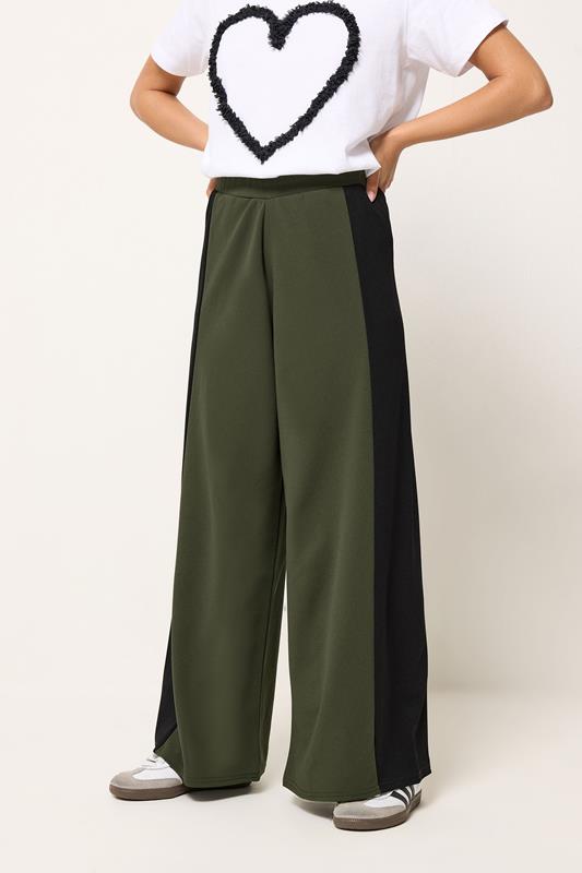 PixieGirl Petite Women's Khaki Green Side Panel Wide Leg Trousers | PixieGirl 1