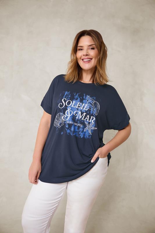  EVANS Curve Navy Blue 'Soleil & Mar' Slogan Print T-Shirt