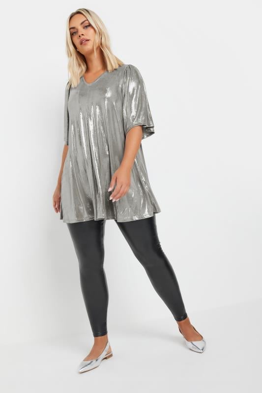 YOURS Plus Size Light Grey Foil Pleated Swing Top | Yours Clothing 2