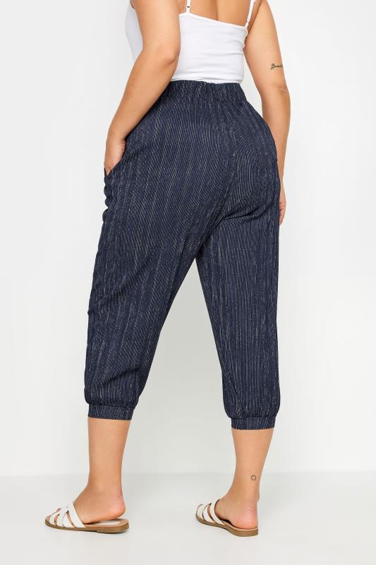 YOURS Plus Size Navy Blue Textured Cropped Harem Trousers | Yours Clothing 3