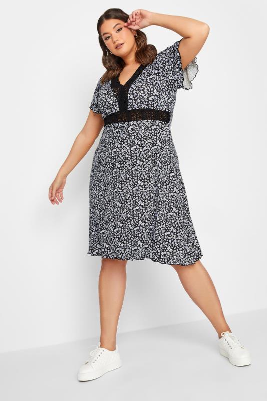 YOURS Plus Size Black Ditsy Print Lace Detail Dress | Yours Clothing 1