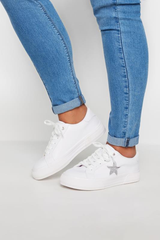 White Glitter Star Trainers In Extra Wide EEE Fit | Yours Clothing 1