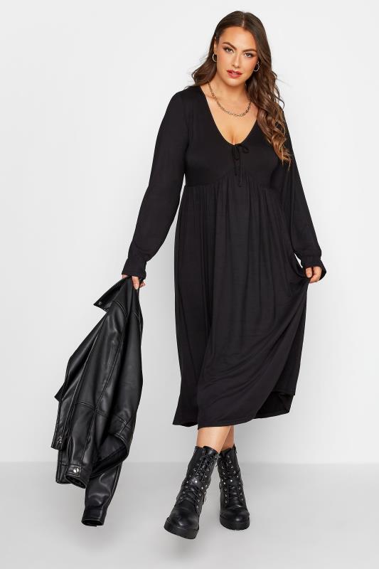 LIMITED COLLECTION Plus Size Black Tie Neck Midaxi Dress | Yours Clothing 1