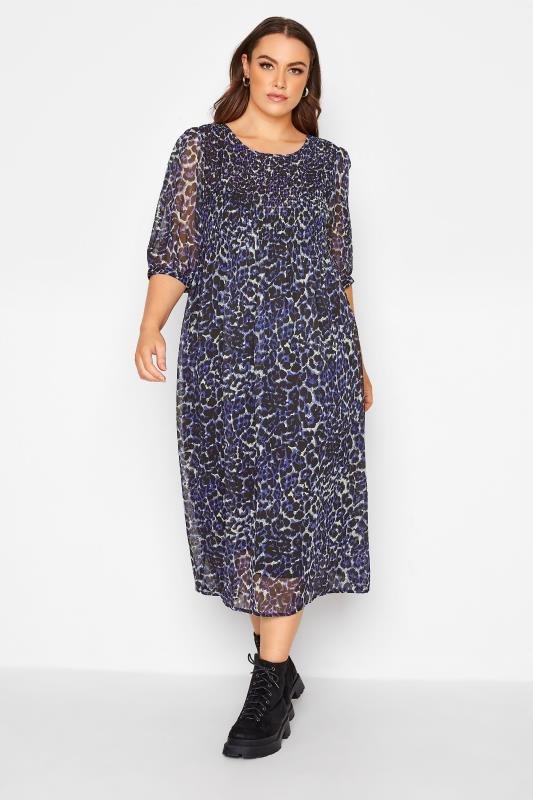 LIMITED COLLECTION Blue Leopard Print Shirred Midaxi Dress_A.jpg