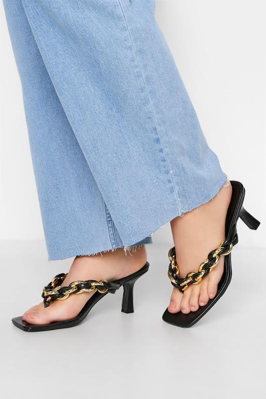 Plus Size  Black Square Toe Post Chain Mules In Standard Fit
