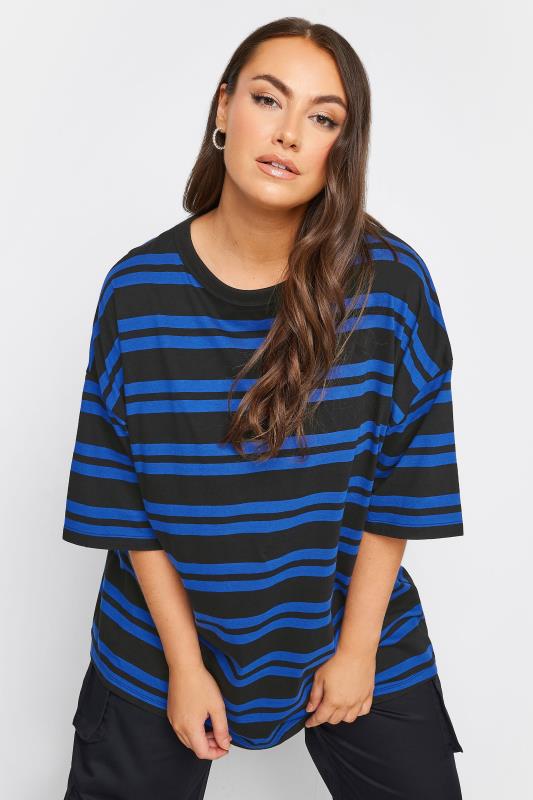 YOURS Plus Size Cobalt Blue Double Stripe T-Shirt | Yours Clothing 1