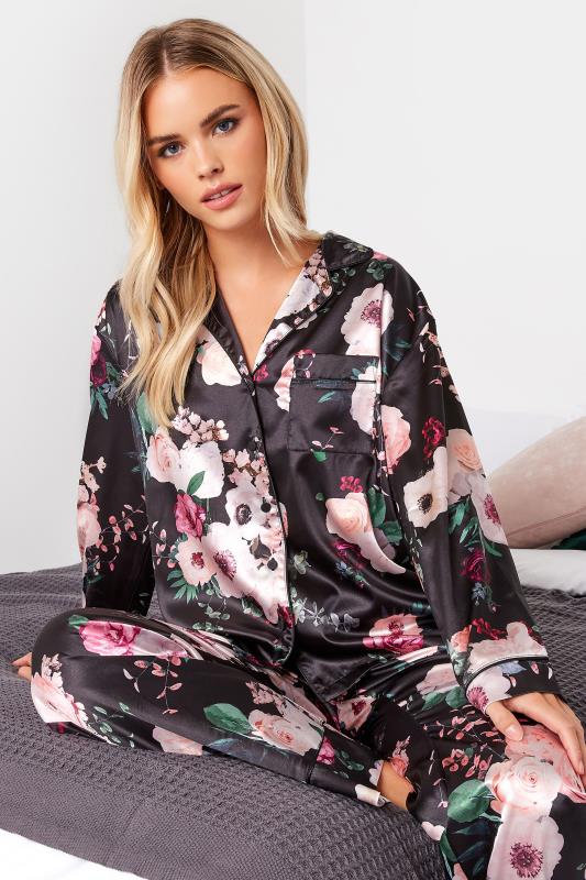 Petite Black Floral Satin Pyjama Set | PixieGirl 5
