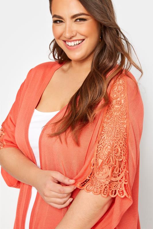 Plus Size Coral Orange Lace Sleeve Kimono Cardigan | Yours Clothing  4