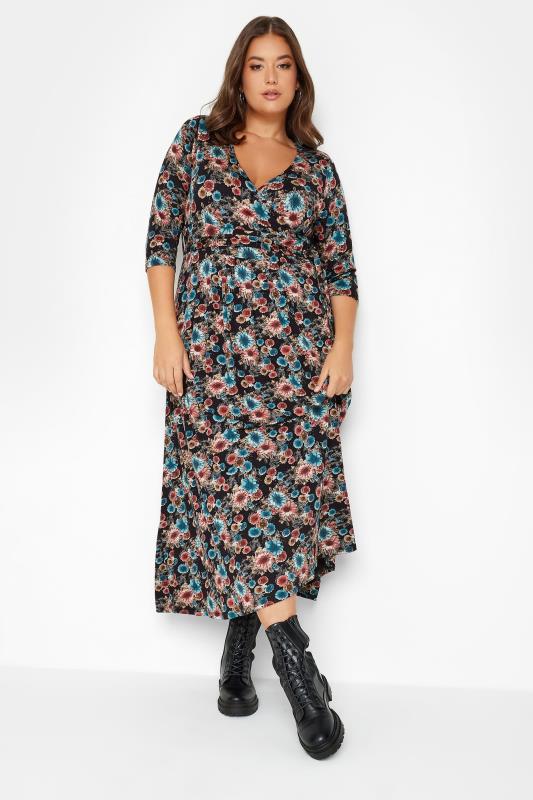 Plus Size Black Floral Print Wrap Maxi Dress | Yours Clothing 1