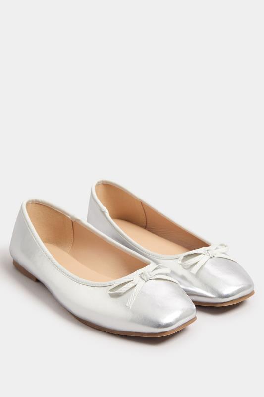 Silver Chisel Toe Ballerina Pumps In Extra Wide EEE Fit | Yours Clothing  2