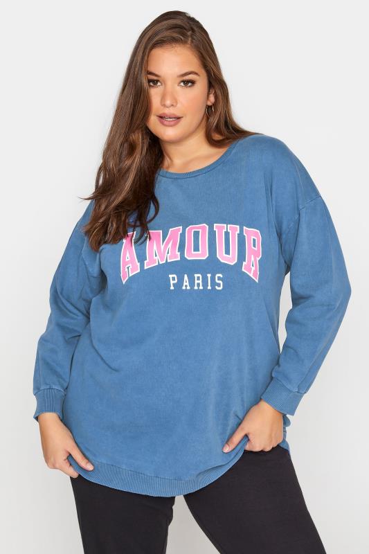 Plus Size  Curve Blue 'Amour' Acid Wash Sweatshirt