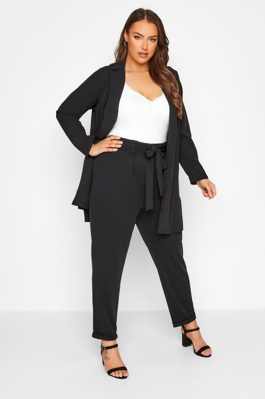 Plus Size Black Scuba Belted Stretch Tapered Trousers | Yours Clothing 2