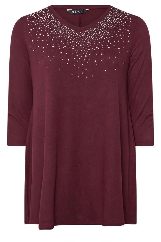 YOURS Plus Size Burgundy Red Diamante Stud Swing Top | Yours Clothing  5