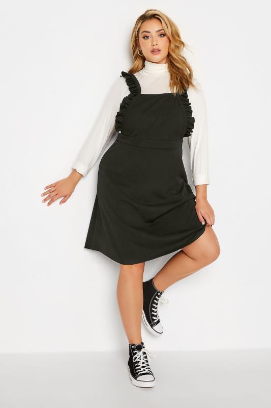 LIMITED COLLECTION Plus Size Black Frill Cross Back Pinafore Dress | Yours Clothing 2