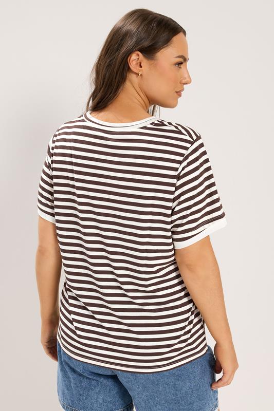 YOURS Plus Size Chocolate Brown Stripe Ringer T-Shirt | Yours Clothing 2