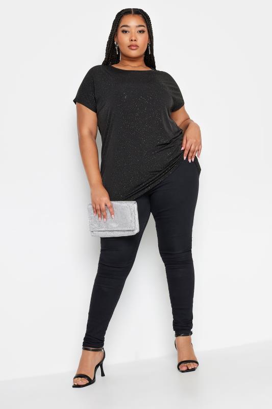 YOURS Plus Size Black Glitter Print Short Sleeve Top | Yours Clothing 2