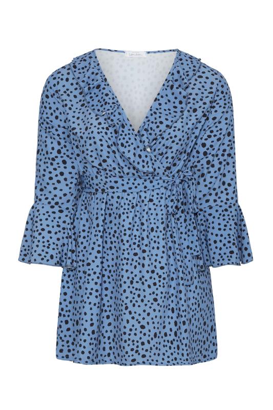 YOURS LONDON Plus Size Blue Dalmatian Ruffle Wrap Top | Yours Clothing 6