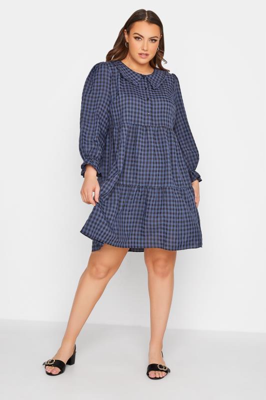 LIMITED COLLECTION Curve Blue Gingham Smock Shirt Dress 2