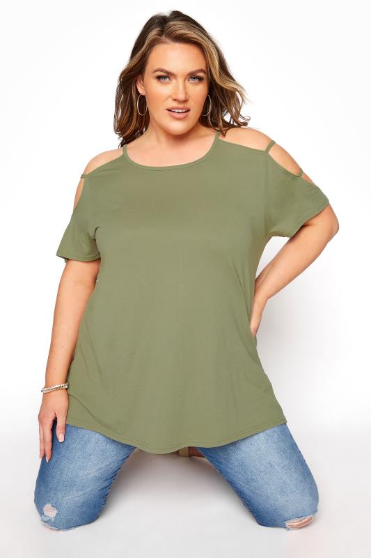 Khaki Strappy Cold Shoulder Top | Yours ...