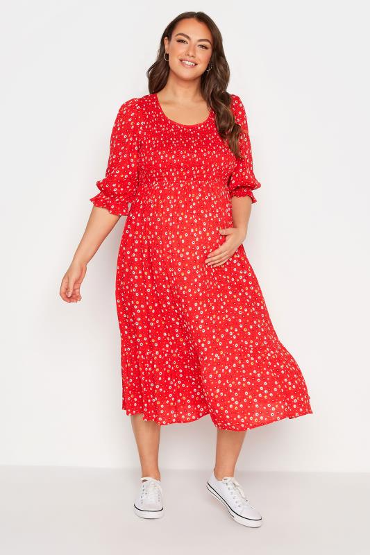 BUMP IT UP MATERNITY Plus Size Red Ditsy Print Tiered Dress | Yours Clothing 1