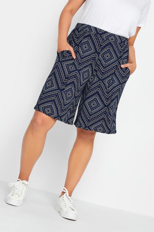 YOURS Plus Size Navy Blue Aztec Print Jersey Shorts | Yours Clothing 1