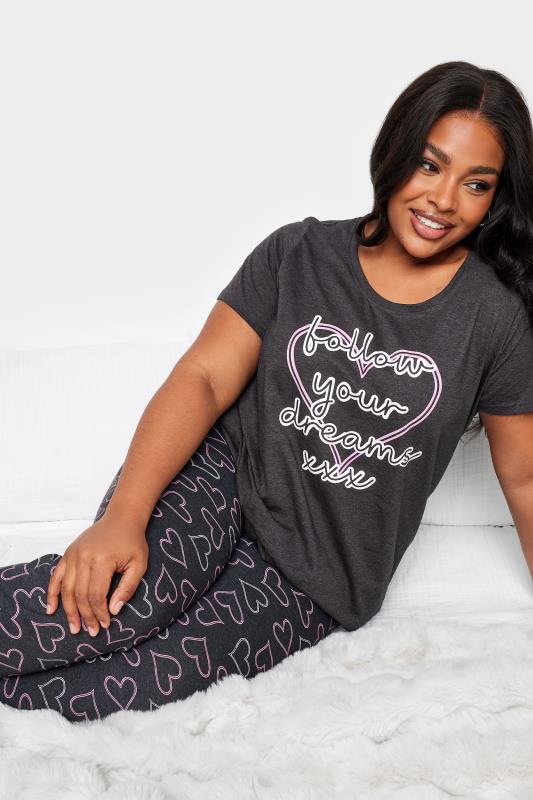 YOURS Plus Size Grey 'Follow Your Dreams' Heart Print Pyjama Set | Yours Clothing 2