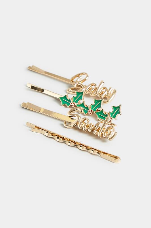 4 PACK Gold 'Santa Baby' Christmas Hairslide Set | Yours Clothing 3
