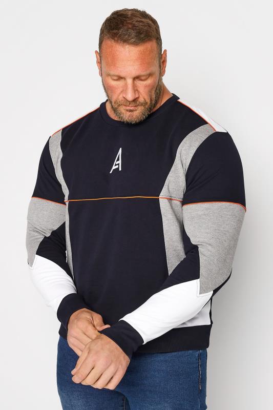  STUDIO A Big & Tall Navy Blue & Grey Colour Block Sweatshirt
