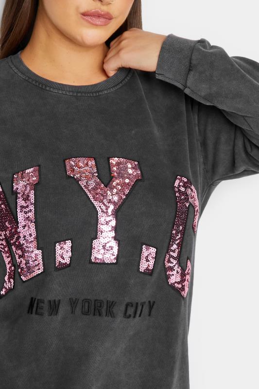 YOURS LUXURY Plus Size Grey Acid Wash Embellished 'NYC' Sweatshirt | Yours Clothing 4