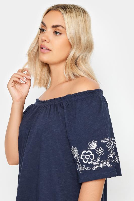 YOURS Plus Size Navy Blue Embroidered Detail Bardot Top | Yours Clothing 4