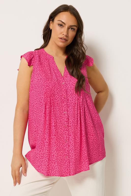  YOURS roze blouse met bladprint en fijne plooien 