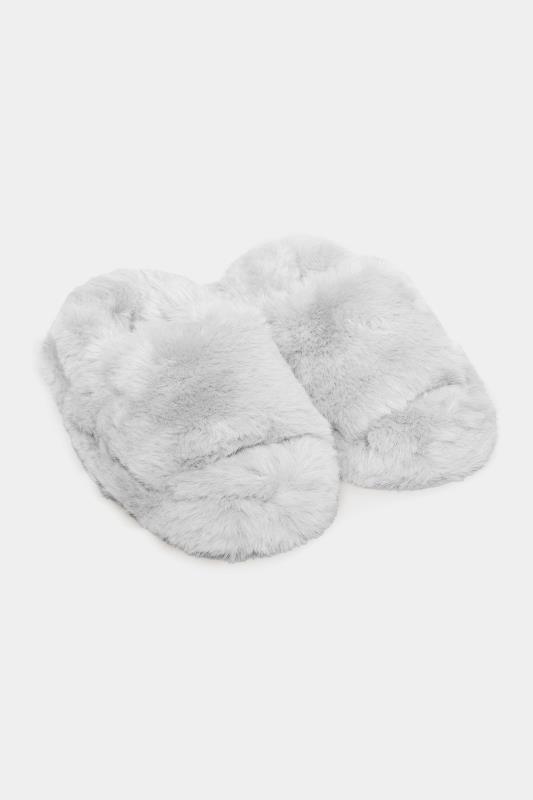 Grey Faux Fur Ankle Strap Mule Slippers In Extra Wide EEE Fit | Yours Clothing 2