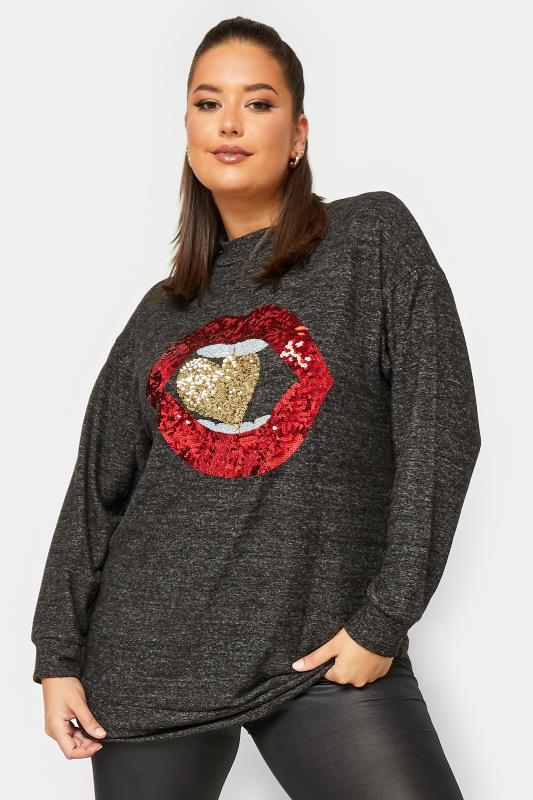 Curve Plus Size Charcoal Grey Glitter Lips Print Soft Touch Long Sleeve Top 1