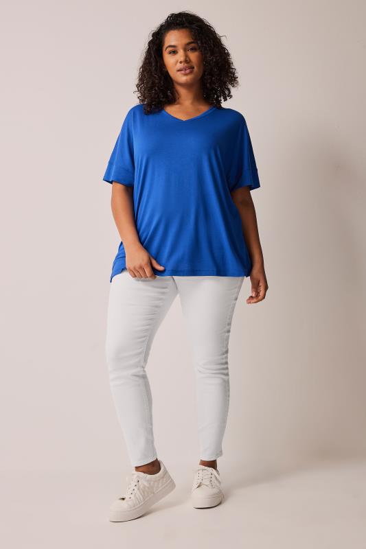 EVANS Plus Size Cobalt Blue V-Neck Modal Rich T-Shirt | Evans 2