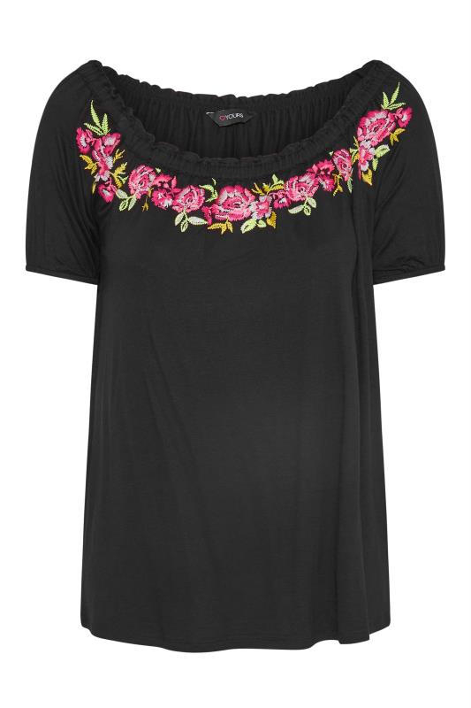 Plus Size Black Embroidered Bardot Top | Yours Clothing 6