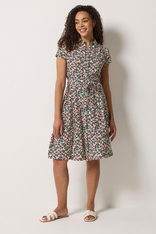 M&Co Black & Pink Floral Tie Waist Shirt Dress | M&Co 2