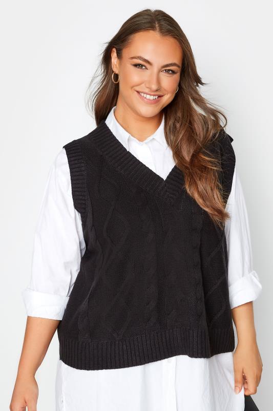 Plus Size Black Cable Knit Sweater Vest Top | Yours Clothing 4