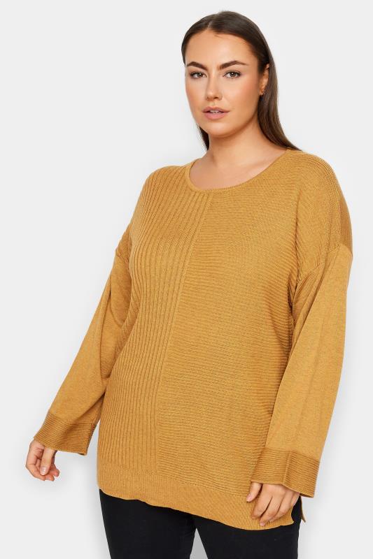 Plus Size  Avenue Yellow Contrast Stitch Knitted Jumper