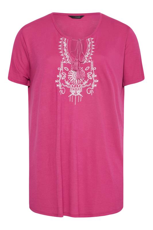 Curve Pink Aztec Embroidered Tie Neck T-Shirt_X.jpg
