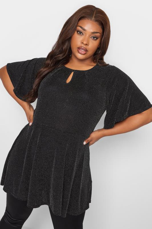 YOURS Plus Size Black Keyhole Pleated Peplum Top | Yours Clothing 1