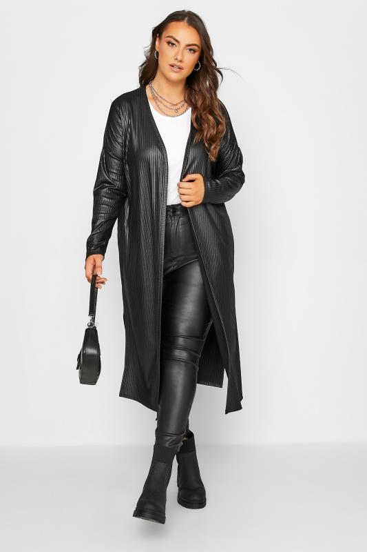 Plus Size Curve Black Wet Look Ribbed Maxi Cardigan | Yours Clothing 2