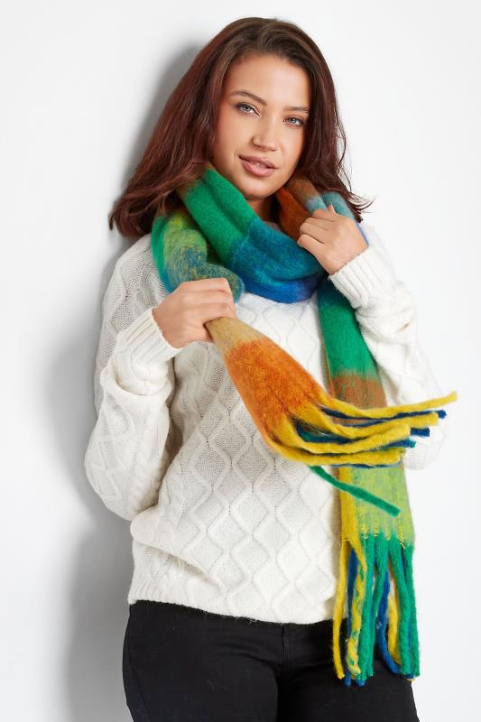 Blue & Yellow Block Check Chunky Tassel Scarf | Yours Clothing 1
