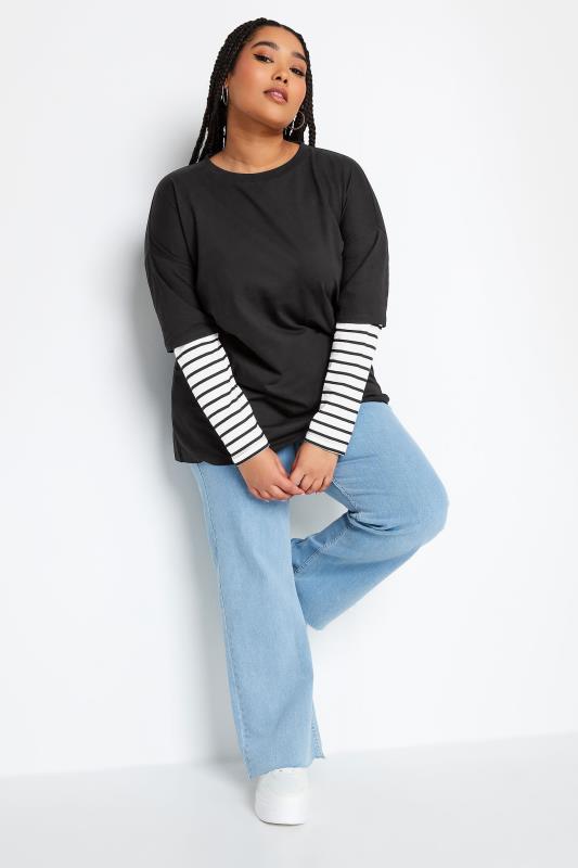 YOURS Plus Size Black 2 In 1 Stripe Sleeve Top | Yours Clothing  2